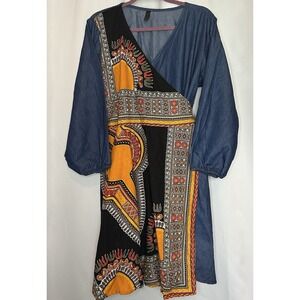 Look At Me Women's Wrap Dress‎ One Size V Neck Long Sleeve Colorful Cotton